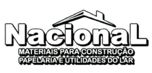 Logotipo da Loja Nacional com o nome “Nacional” em destaque e desenho de um telhado sobre a letra N. Abaixo, a frase “Materiais para Construção, Papelaria e Utilidades do Lar”.