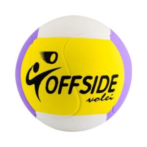 Bola de vôlei Offside oficial, com gomos nas cores amarela, roxa e branca. Superfície texturizada e logotipo Offside Vôlei estampado em preto. Bola costurada, em tamanho e peso oficiais, ideal para prática esportiva e recreativa.