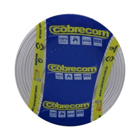 Rolo de cabo elétrico Cobrecom com cobertura plástica azul e amarela. Em destaque, o logo Cobrecom em amarelo sobre fundo azul. Ícones indicam ‘100% Cobre de Qualidade’, ‘Antichama’, ‘Extradeslizante’ e ‘Flexível’. Etiqueta inclui indicação de 70 °C. O fio preto envolto em espiral aparece parcialmente visível ao redor da embalagem.