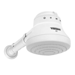 Chuveiro elétrico Fame Faminho 4T branco com corpo cilíndrico e “Faminho 4T”, fixado por cano de 30 cm.