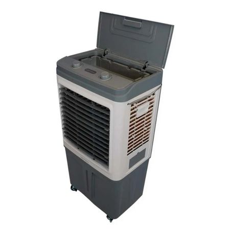 Climatizador de ar Evaporativo da Ventisol com estrutura em plástico cinza escuro e pás horizontais pretas na frente. O nome ‘Ventisol’ está em destaque na parte frontal inferior. A base é larga e robusta, sugerindo durabilidade e estabilidade.”