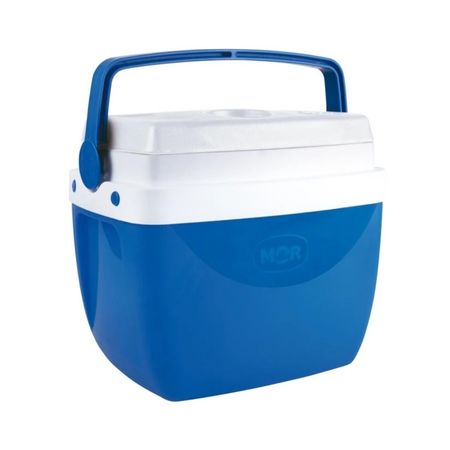 Caixa térmica Mor 12 L azul, corpo em polipropileno, tampa branca, alça de transporte, ideal para camping e passeios