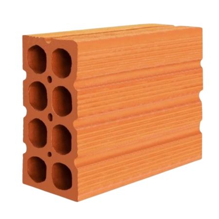 Tijolo cerâmico de 8 furos, com coloração avermelhada característica da argila queimada. O bloco apresenta formato retangular, superfície vazada e laterais texturizadas para melhor aderência da argamassa, usados na construção de paredes internas e externas.