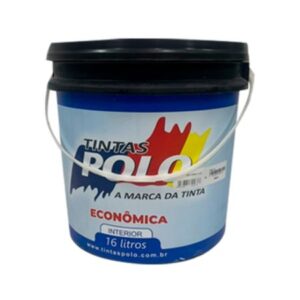 Balde de tinta acrílica econômica Polo de 16 litros, acabamento fosco, ideal para uso interno. Tampa preta, corpo do balde com rótulo simples e informativo em predominância de cores claras e logo destacável.